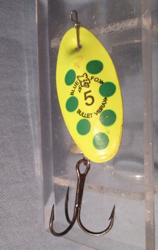 Vintage Blue Fox BULLET VIBRAX #5 Polka Dot on Yellow Fishing Lure ~ Bait Tackle