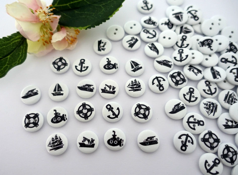 10x Knopf 15mm Rund Maritim Anker Boot Knöpfe Kinder Jungen schwarz weiß Meer - Bild 3 von 3