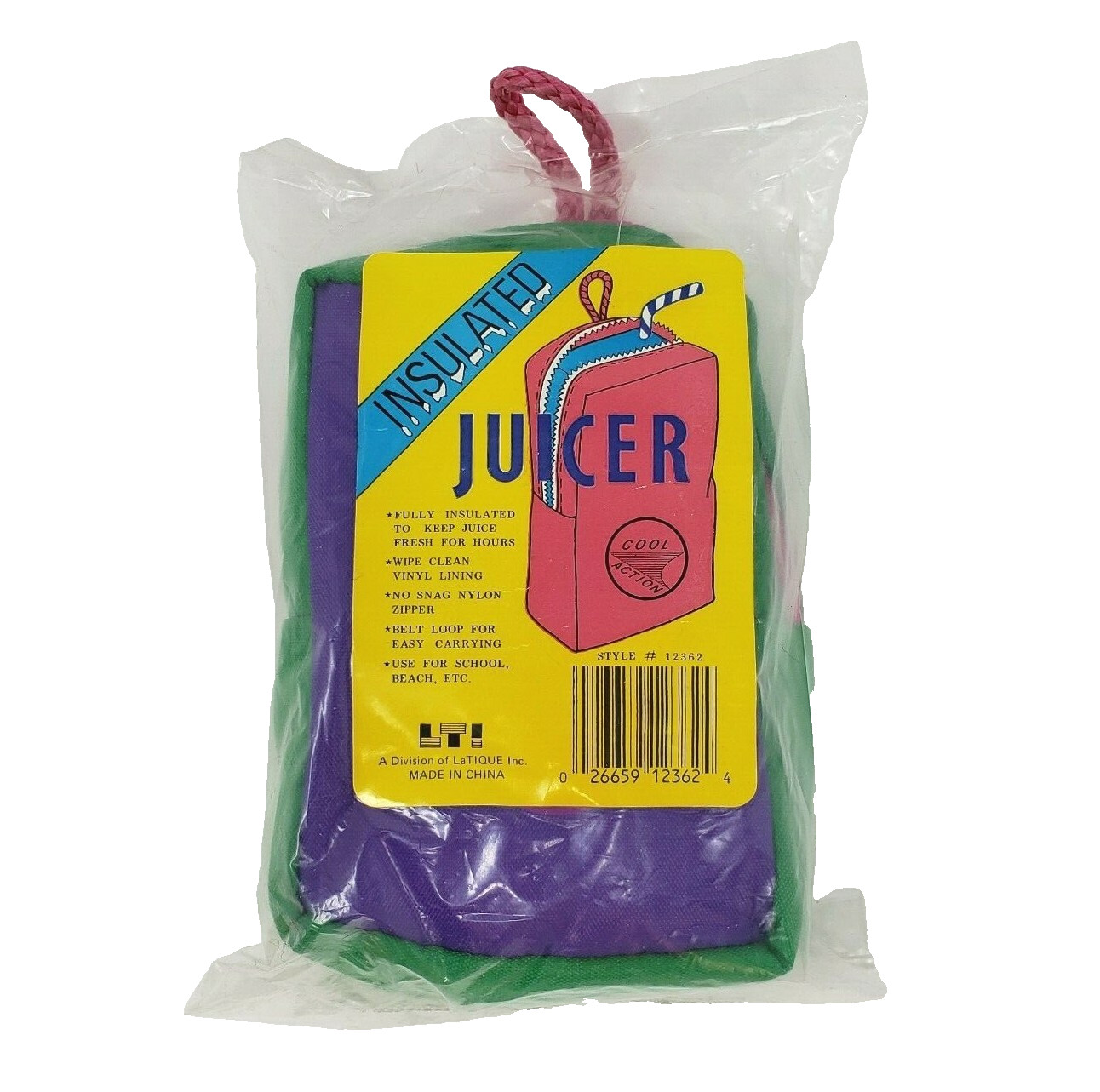NEW VINTAGE INSULATED JUICER FOR JUICE BOX HOLDER PURPLE & GREEN BAG W/ ZIPPER