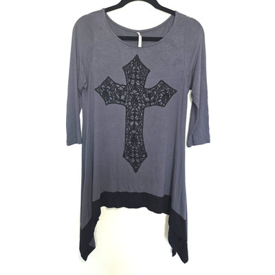 Super Soft Gray with Black Cross Top by The Hanger Size Small