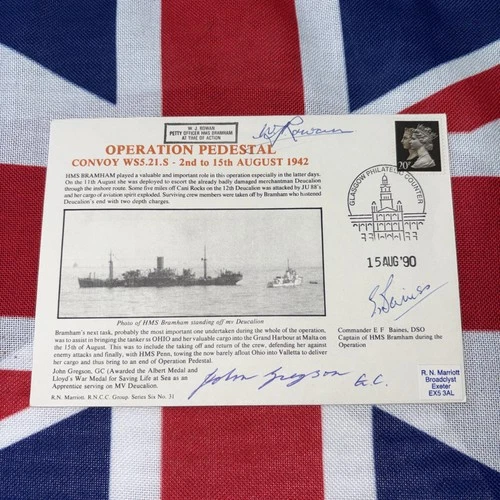 RN FDC WW2 Op PEDESTAL Convoy WS5.21.S Aug 1942 signed 3 veterans George Cross
