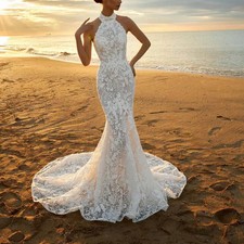 Floral Lace Mermaid Beach Wedding Dress Halter Backless Court Train Bridal Gowns