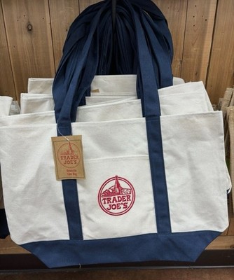 Trader Joe's Reusable Foldable Canvas Tote Bag White Navy Blue