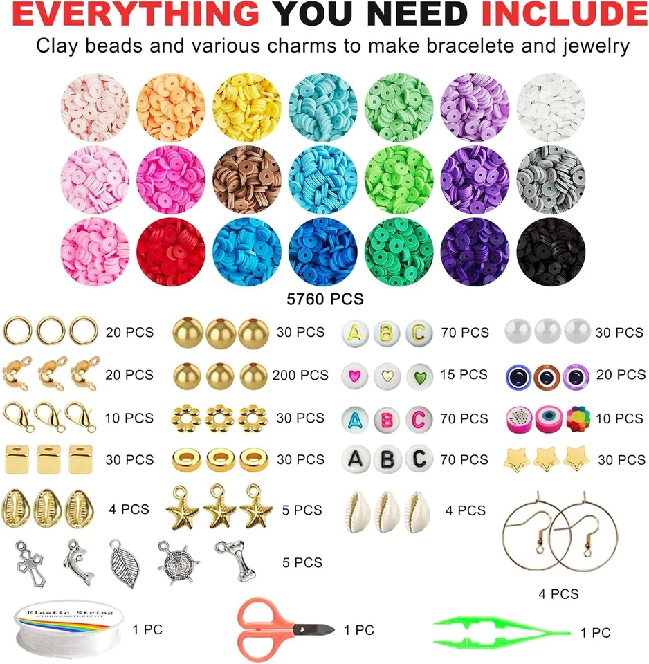 6200 Pcs Clay Beads Bracelet Making Kit, 6mm Heishi Flat Round Polymer for Girl. - Image 3 of 4