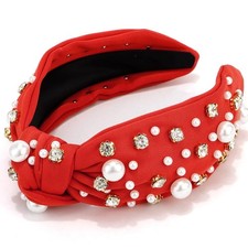 Knotted Headbands with Pearl Rhinestone Womens Headbands Wide Top Knot Red