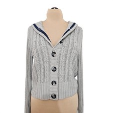 Vintage Y2K Aeropostale Gray Cable Knit Hooded Cardigan Sweater Preppy Varsity