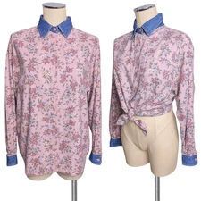 GITANO VINTAGE Oversized Fit  80's 90's Y2K Floral Button Up Shirt Denim Trim S