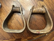 Western Saddle Stirrup Bent Wood Bell Metal Covered Antique History Lot Of 2