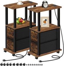 Narrow End Tables Living Room Set of 2 with Charging Station, Skinny Side