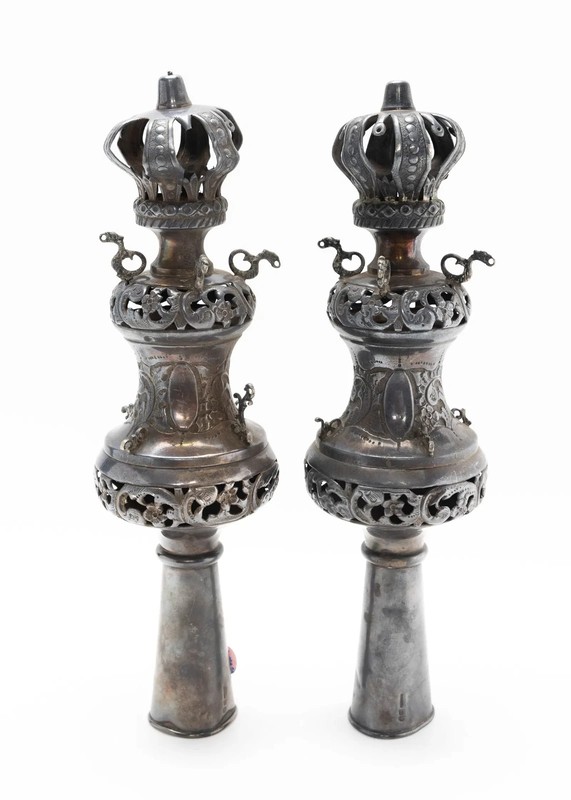 A LARGE PAIR OF STERLING SILVER TORAH FINIALS BY ISRAEL PERLMAN