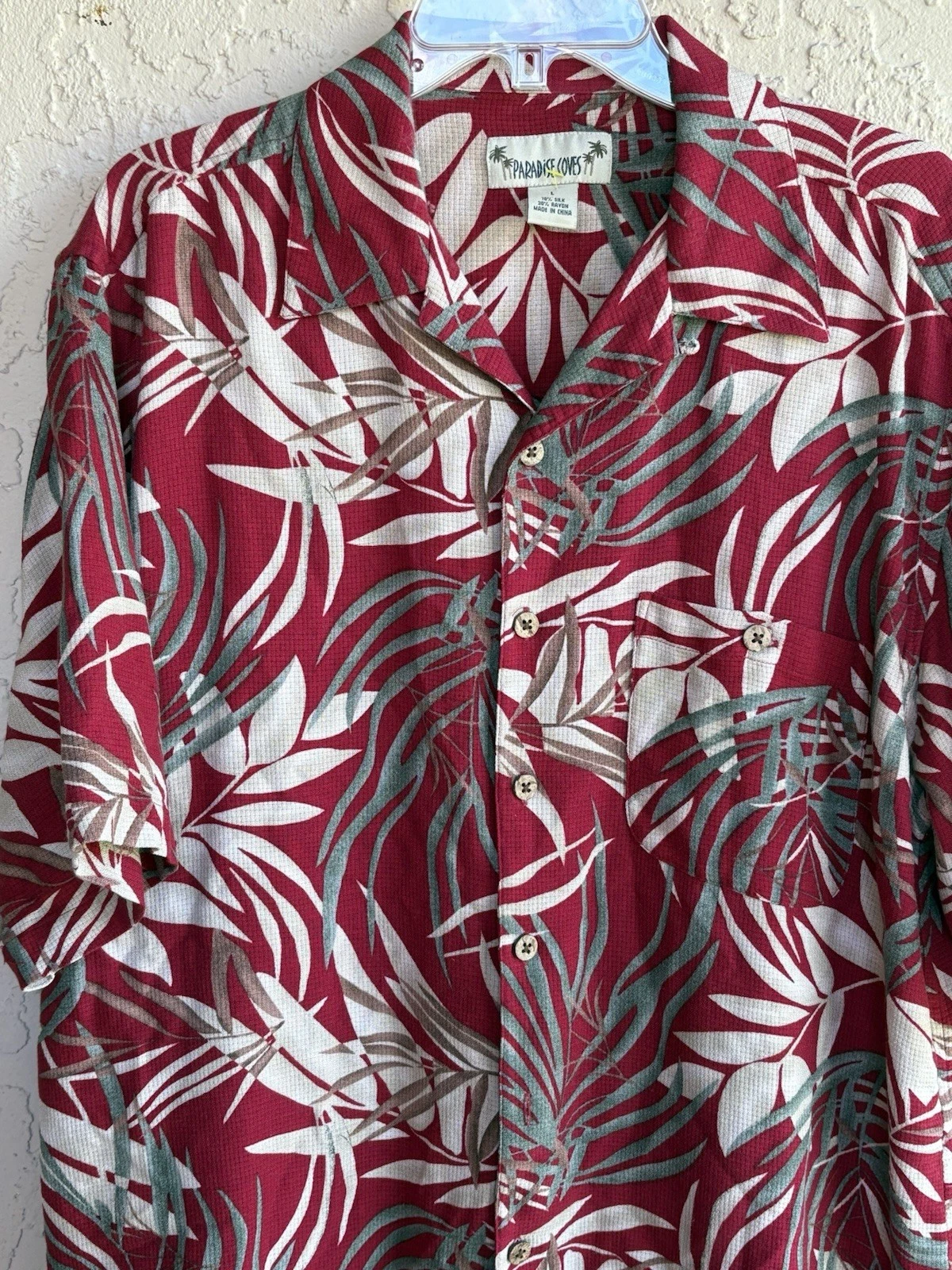 Paradise Coves Large Red SILK Tropical Palm Hawaii Print Pocket Collar Men Shirt