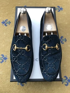 Mocassins Gucci chaussures Jordaan velours bleu monogramme Horsebit homme UK 7 US 8 EU 41