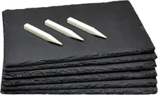 Set of 6 black slate grill plates with chalk for cheese, meats and appetizers