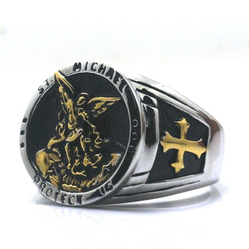 Catholic Cross Rings - Saint Michael Archangel Round Ring Men Fashion Jewelry - Picture 7 of 8