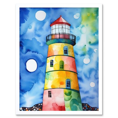 Bunter Leuchtturm modern Aquarell gerahmt Wandbild Bild Druck 12x16
