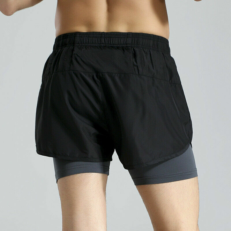 Men Double Layer Sport Shorts Quick Dry Fitness Training Running Half Pants Red
