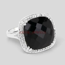 Natural Black Onyx Gemstone with 14K White Gold Plated Silver Women's Ring 3356