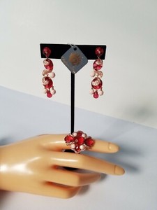Authentic Angelique De Paris Women's Gold Plated Set of Long Red Earrings and Ring Size 6