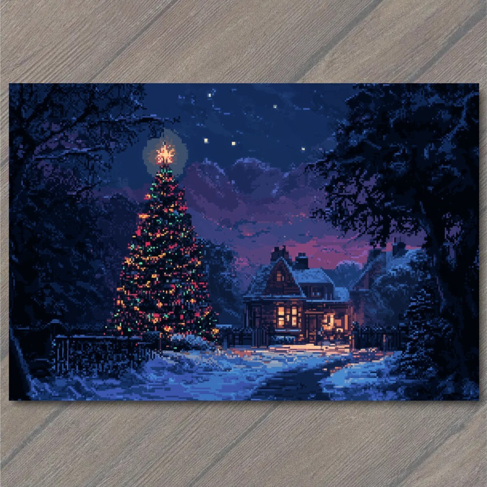 Art Print Cabin Christmas Tree Lit Snowy Night Pixel Art Winter