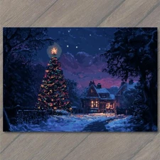 Art Print Cabin Christmas Tree Lit Snowy Night Pixel Art Winter Wonderland 8 Bit