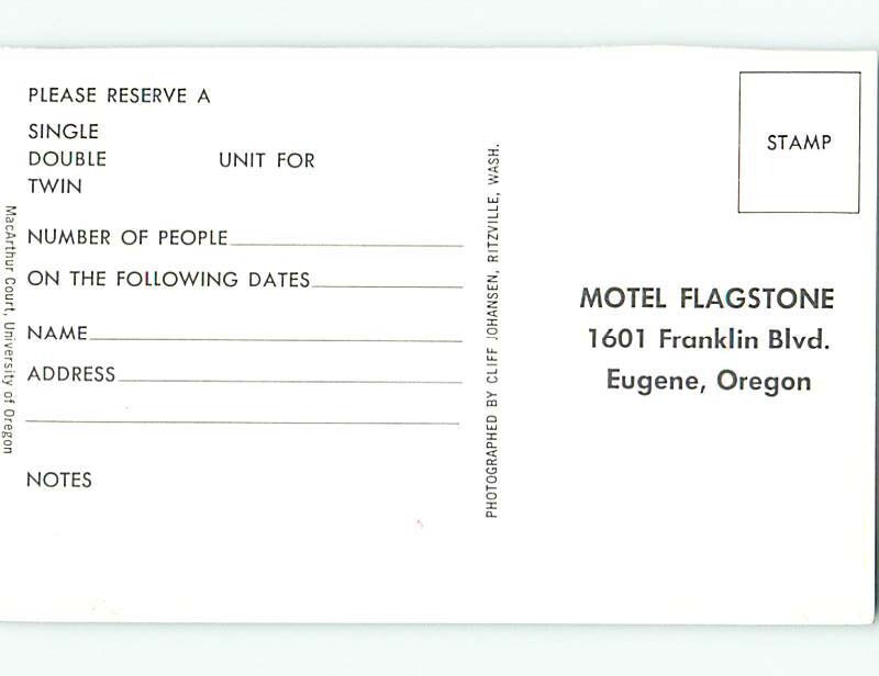 Unused Pre1980 OLD CARS & FLAGSTONE MOTEL Eugene Oregon OR 60.000