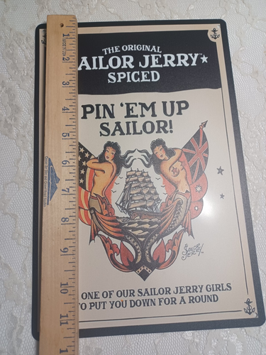 SAILOR JERRY SPICED RUM METAL TIN WALL SIGN PIN EM UP SAILOR US & BRITISH FLAG - Picture 2 of 3