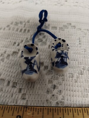 Miniature Pair of Blue & White Delftware Dutch Shoes. Approx. 1-1/4''.