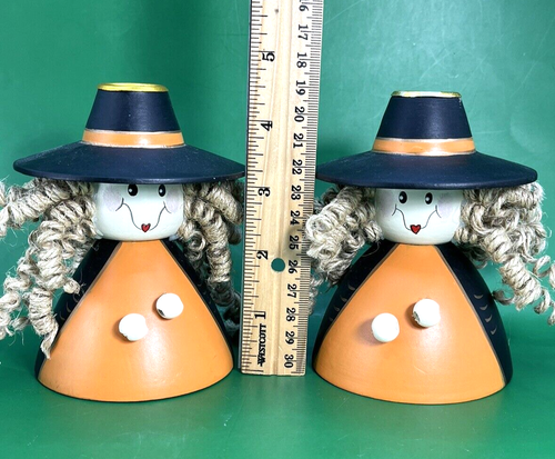2 Halloween Terry’s Village Wooden Witch Taper Pair Candle Holders Decor 4.5" - Picture 3 of 9