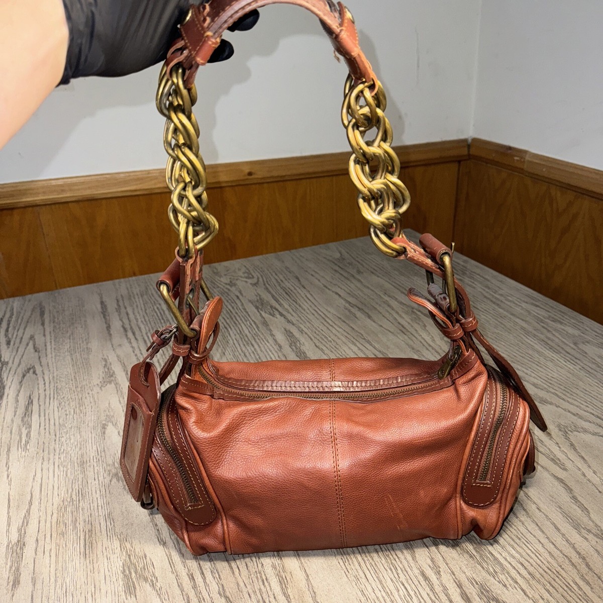 CHLOE Handbag Leather Women's Vintage Brown Metallic Strap CHLOE Handbag Leather Women's Vintage Brown Metallic Strap