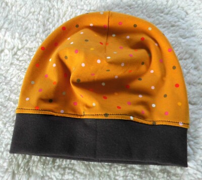 Beanie   hat   spotted   dots   mustard yellow-brown   handmade