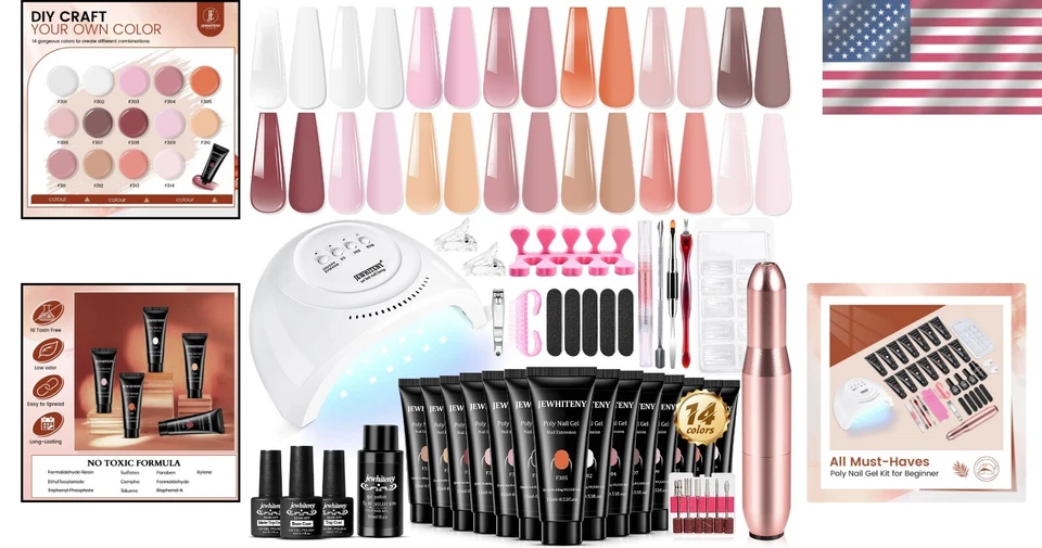 14 peças kit de extensão de unhas de gel poli com lâmpada UV e broca para unhas - conjunto de nail art faça você mesmo - Imagem 2 de 4