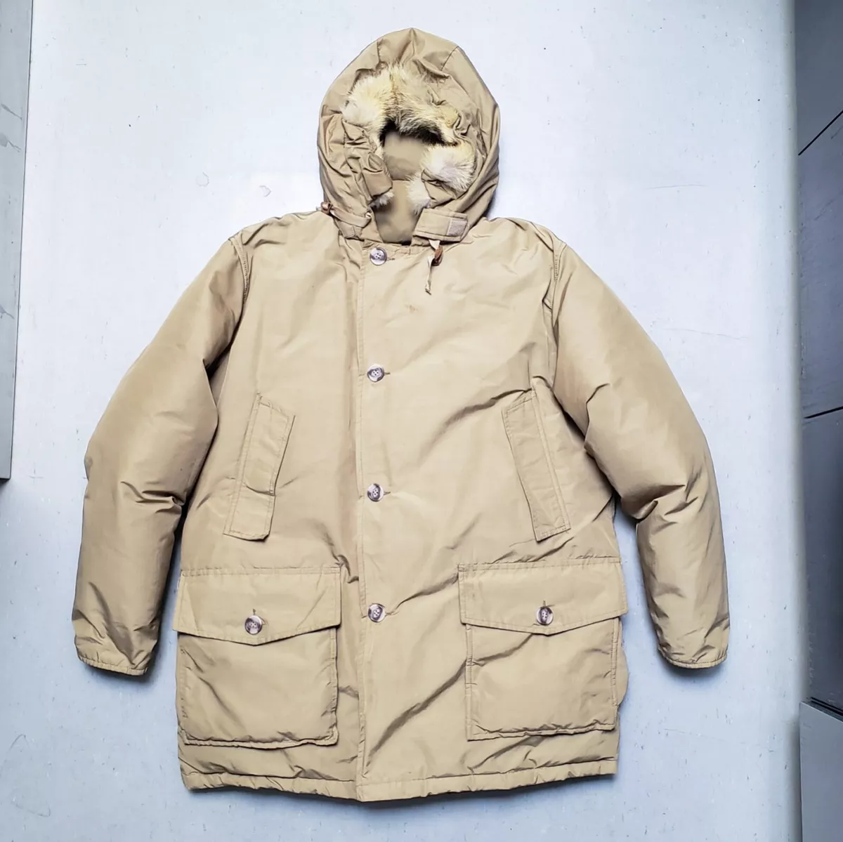 Vtg 60s WOOLRICH Arctic Parka Goose Down Coyote Hooded Jacket Beige Size L NICE