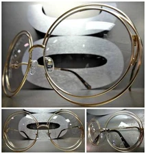 OVERSIZED VINTAGE RETRO Style Clear Lens EYE GLASSES Large Big Round Gold Frame