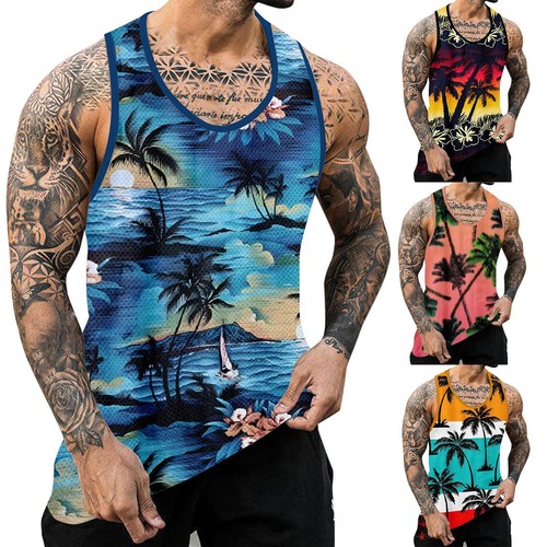 Mens Hawaiian Vest Sleeveless Tank Top Poly Cotton Muscle Summer Training XXS-4X