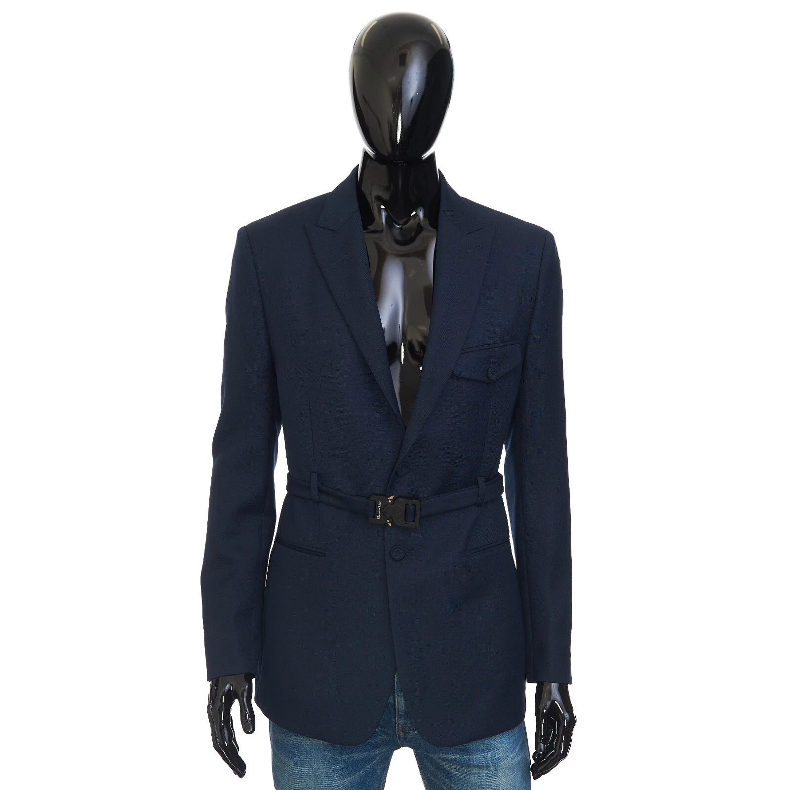 Veste DIOR bleu marine laine/mohair ceinture, boucle CD, revers de pointe