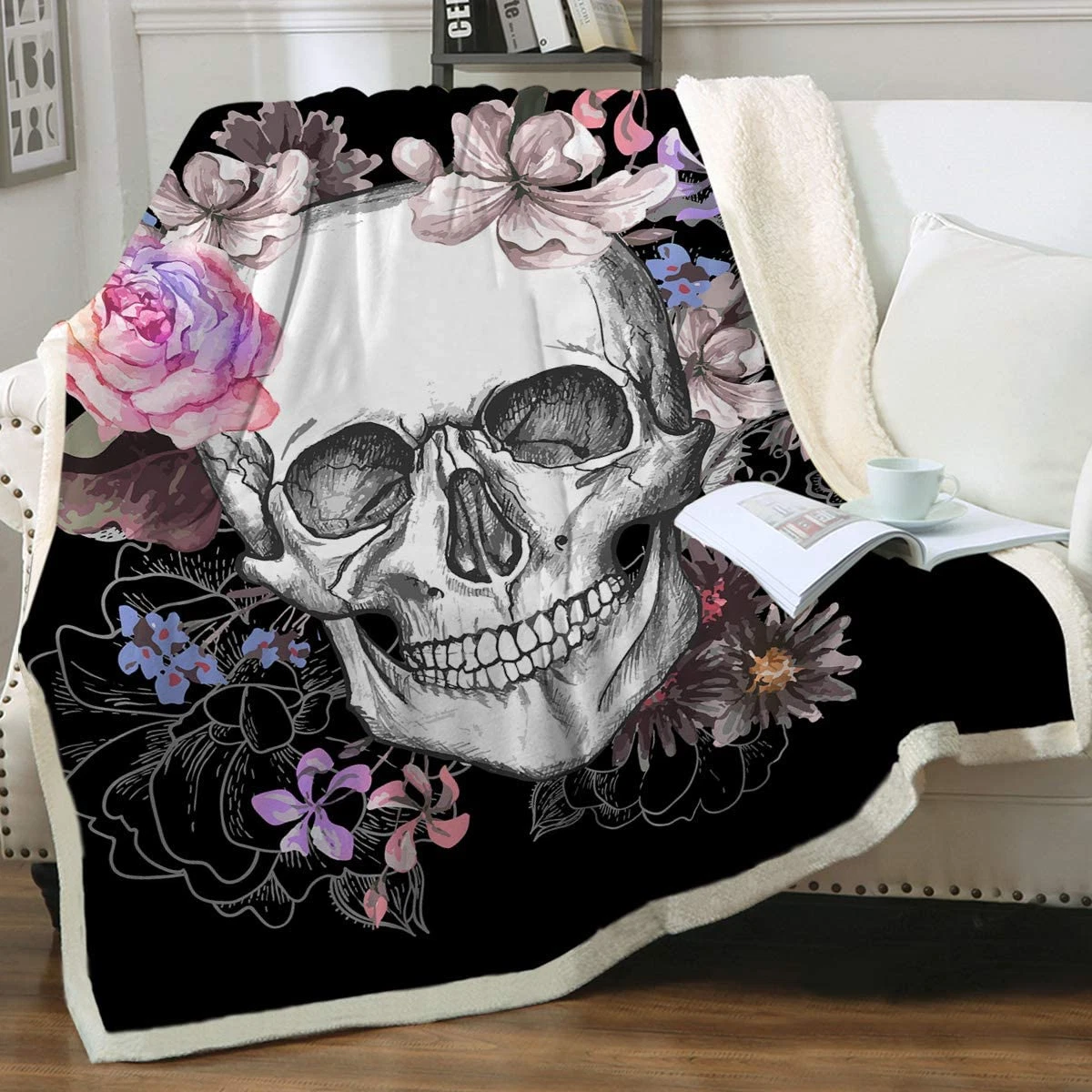 Sleepwish Sugar Skull Blanket Fleece Skull Throw Blanket Black