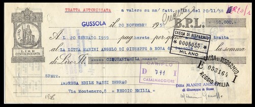 MF0093 - Cambiale Tratta emessa a Gussola 1958 con girate di 3 banche