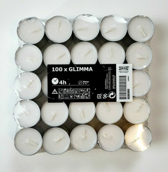 100 IKEA Glimma Tealight Candles 4hr Long Burning Ivory White Unscented