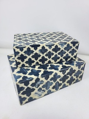 IMAX Lizzie Bone Inlay Box Set 2pc Blue & White Moroccan Arabesque Jewelry Decor