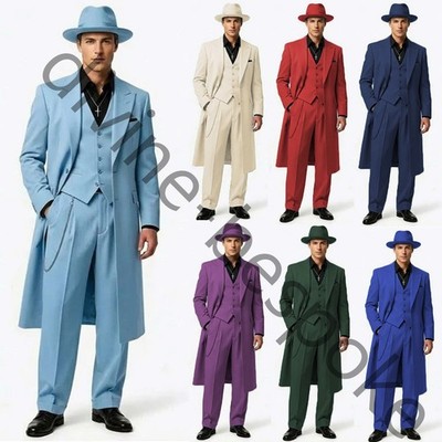 British Men's Zoot Suit Wedding Groom Tuxedo Evening Party Prom Long Coat 3pcs