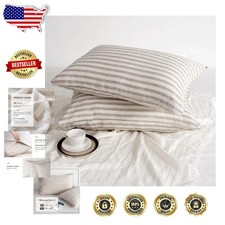 Luxury 2PC King Linen Pillow Cases 20x40 Natural Stripe French Flax Breathable