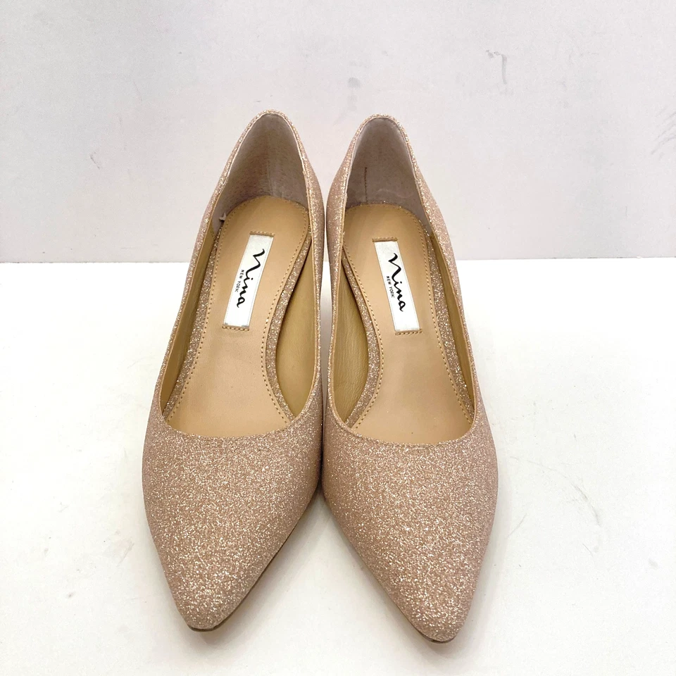 NUEVO Zapatos de salón Nina Glitter para mujer 7,5 EU 37,5 oro champán 2,5" tacón punta puntiaguda Foto 2 de 4