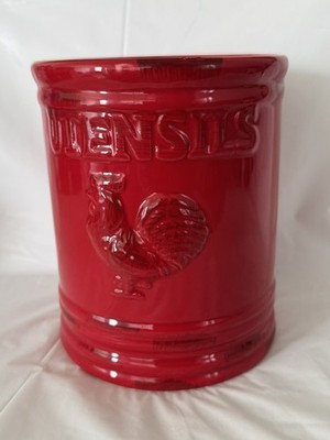 Home Essentials Red Farmhouse Ceramic Utensil Holder. Rooster Chicken