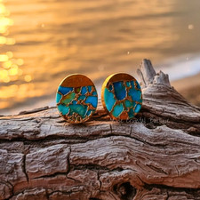 Authentic Turquoise Stone Stud Earrings Blue Gemstone Gold Plated Earrings Gift