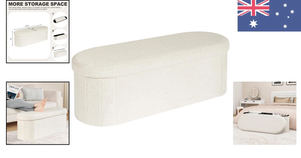 Elegant Cream Boucle Folding Storage Ottoman - Large Hidden Storage & Style