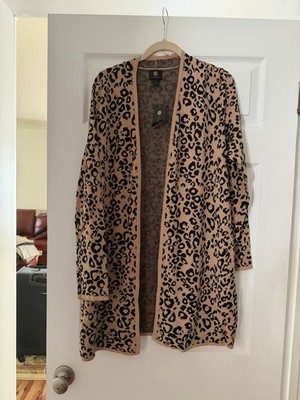 JM Collection Women s Beige/Black Leopard Print Open Front Knit Cardigan L