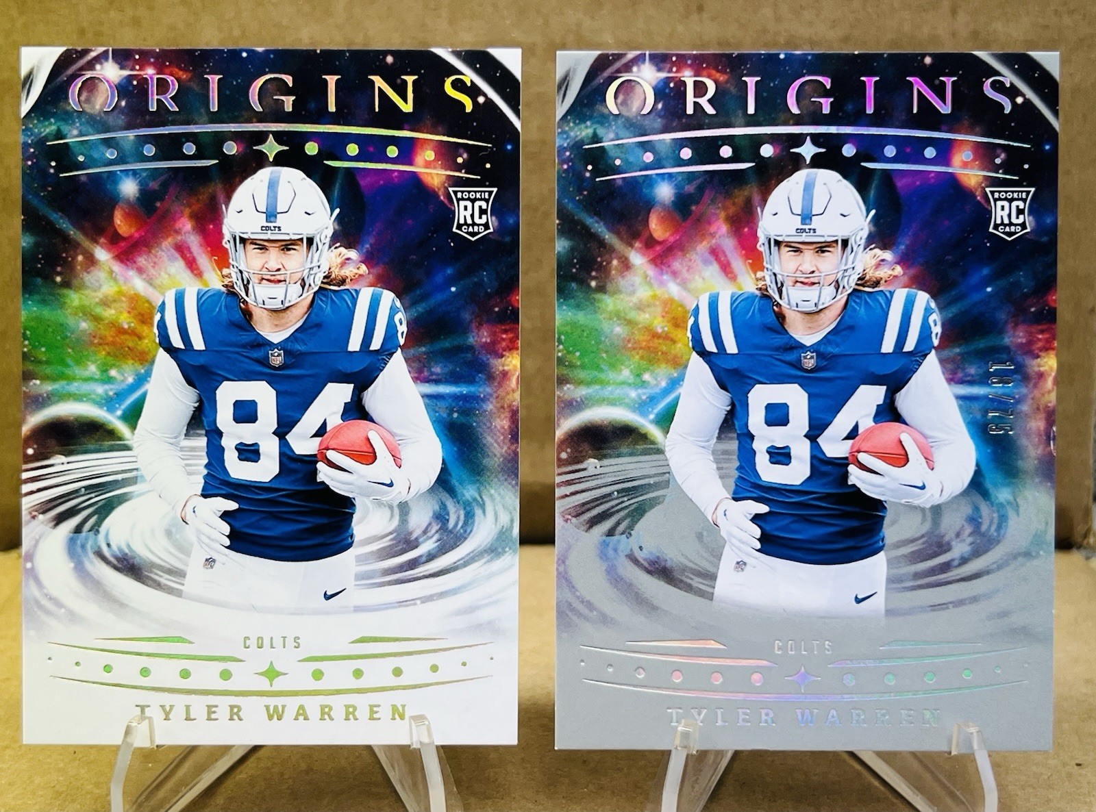 2025 Panini Origins - Rookies Tyler Warren, Silver /75 #135 (RC) & Base- Colts