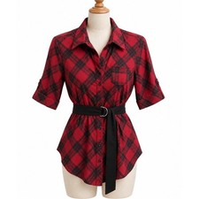 Guess VTG Y2K Plaid Belted Tunic Top Womens M Red Black Button Up Short Sleeve
