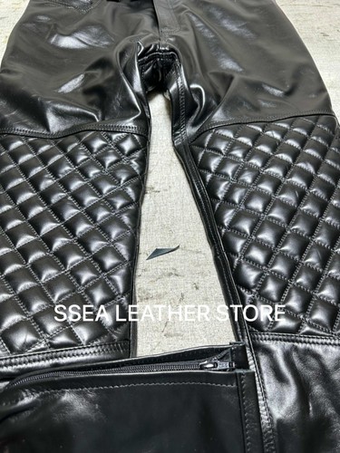 Men's Real Lamb Leather Quilted Panels Black Biker Pant Hot Bluff - Picture 2 of 5