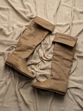 Vintage Women's Knee High Boots Beige Leather Riding Flat Boots Y2K